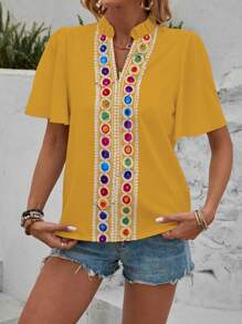 Breezaya Lace Patchwork V-Neck Short Sleeve Women's Blouse