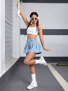 SHEIN EZwear 女士百褶阔腿宽松休闲百搭牛仔短裤 - 淺色水洗藍 - 查看 4