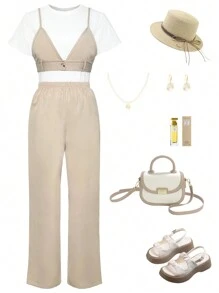 Conjunto de 3 piezas para chicas adolescentes en verano, camiseta blanca de moda deportiva y ocio, camisola con diseño de buen gusto, pantalón recto holgado y cómodo. Adecuado para compras, viajes, fiestas con amigas y el día a día