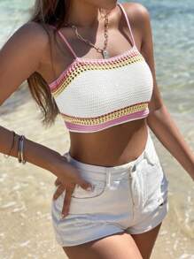 Breezaya 條紋與印花針織無袖背心，後背綁帶及細肩帶設計，並飾有蕾絲花邊