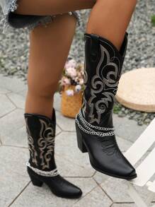 Botas estilo western con tacón grueso y bordado, con correa con cadena, para usar con suéter, botas vaqueras para mujer - Negro - Ver 3