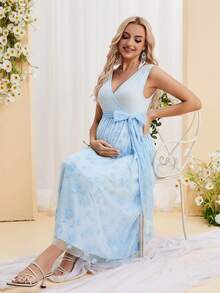 DEARCASE Vestido sem mangas elegante com estampa de flores para gestantes, ideal para o verão e maternidade - Baby Azul - Ver 6