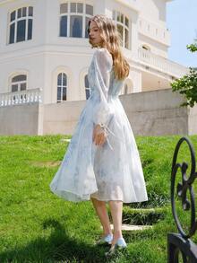 Elegant Floral Print Lantern Sleeve Dress, Perfect For Vacation Spring - Blue - View 3