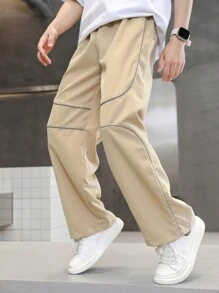 SHEIN Tween Boys Color-Block Casual Daily Wear Flashing Pants With Rolled Hem - Apricot - View 5