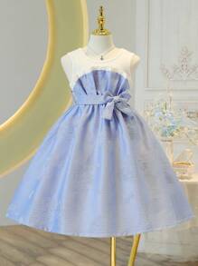 Vestido de niña preadolescente sin mangas con cuello redondo y estampado jacquard con gran lazada en la espalda - Multicolor - Ver 1