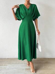 Women's Solid Color V-Neck Batwing Sleeve Summer Long Dress, With A Slim Waist And Elegant, A Maxi Woman Look - 墨綠色 - 查看 3