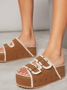 SHUZIA 女性平台楔形鞋，帶有毛皮和鉚釘，適合日常穿著 - 棕色 - 查看 1