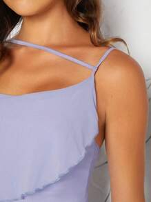 SHEIN Unity 女士夏季優雅純色修身荷葉邊細肩帶連衣裙 - 淺藍色 - 查看 4