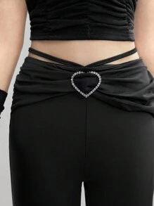 SHEIN Explorewe Quần ống loe họa tiết trái tim và đá Rhinestone dành cho bé gái tuổi teen - màu đen - Xem 6