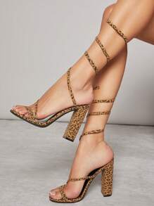 SHUZIA 女款豹紋高跟夏日涼鞋，歐美風格設計，韓國時尚優雅 - 棕色 - 查看 4