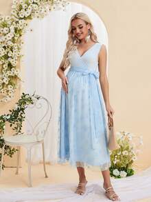 DEARCASE Vestido sem mangas elegante com estampa de flores para gestantes, ideal para o verão e maternidade - Baby Azul - Ver 7