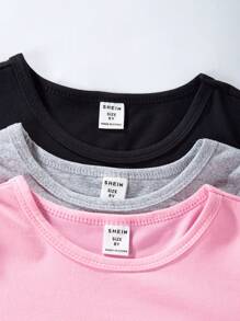 Sparklyn 3pcs/Set Tween Girl Round Neck Solid Color Casual Short Sleeve Dress, Simple Everyday Wear, School, Campus, College - Multicolor - View 5