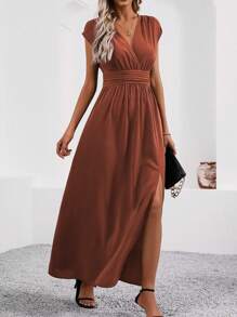 LanaWest 女士夏季休闲纯色高开衩长连衣裙，抽绳腰带设计，超长款女装