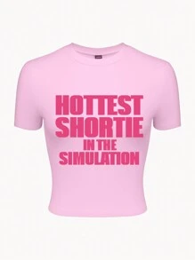 INAWLY 字母印花休闲短款T恤夏季最热仿真短款 - 粉色 - 查看 4