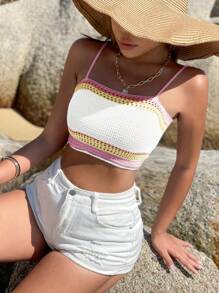 Breezaya 條紋與印花針織無袖背心，後背綁帶及細肩帶設計，並飾有蕾絲花邊