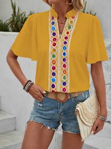 Breezaya Lace Patchwork V-Neck Short Sleeve Women's Blouse