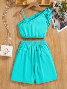 Conjunto formal de 2 piezas para niñas preadolescentes de primavera/verano, que incluye una parte superior de tirantes con dobladillo de volantes y pantalones cortos con adorno de lazo - Verde - Ver 2