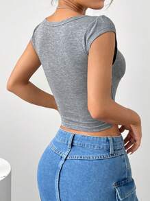 SHEIN EZwear 女士夏季純色重疊V領修身背心T恤 - 灰色 - 查看 2