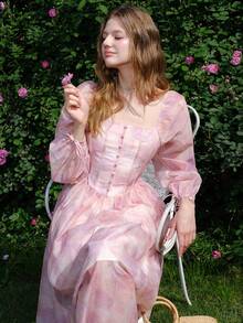 优雅度假花卉印花灯笼袖连衣裙 - 粉色 - 查看 6