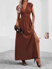 LanaWest 女士夏季休闲纯色高开衩长连衣裙，抽绳腰带设计，超长款女装