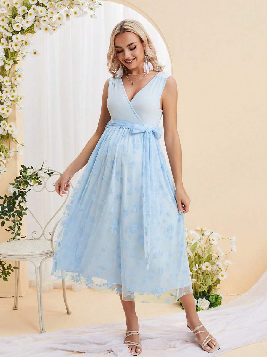 DEARCASE Vestido sem mangas elegante com estampa de flores para gestantes, ideal para o verão e maternidade - Baby Azul - Ver 1