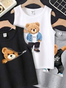 SHEIN Conjunto informal de 3 piezas para niño joven con patrón de osito de dibujos animados en camisetas sin mangas, adecuado para el verano