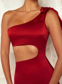 Hauture Vestido ajustado de mujer de unicolor con corte asimétrico en el cuello y cintura recortada en estilo simple para uso diario - Rojo violeta - Ver 6