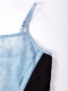 少女不对称拼布吊带背心 - 藍色 - 查看 6
