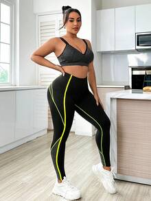 Bộ trang phục dạo phố thể thao dành cho nữ cỡ lớn với quần legging chống đẩy chắp vá và áo ngực cúp cố định hỗ trợ cao - màu đen - Xem 6