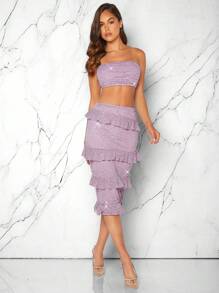 Hauture Sequin Tube Top & Ruffle Skirt Two Pieces Set - Purple - View 6