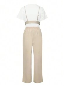 Conjunto de 3 piezas para chicas adolescentes en verano, camiseta blanca de moda deportiva y ocio, camisola con diseño de buen gusto, pantalón recto holgado y cómodo. Adecuado para compras, viajes, fiestas con amigas y el día a día