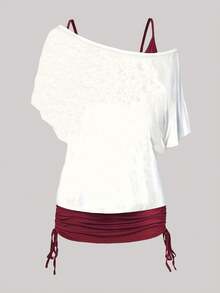 Plus Size 3-Piece Gothic Set | Batwing Sleeve Camisole And Asymmetric Skirt | Butterfly Ombre Print (0XL-5XL) Y2K Dark Academia Style Outfit - Burgundy - View 3