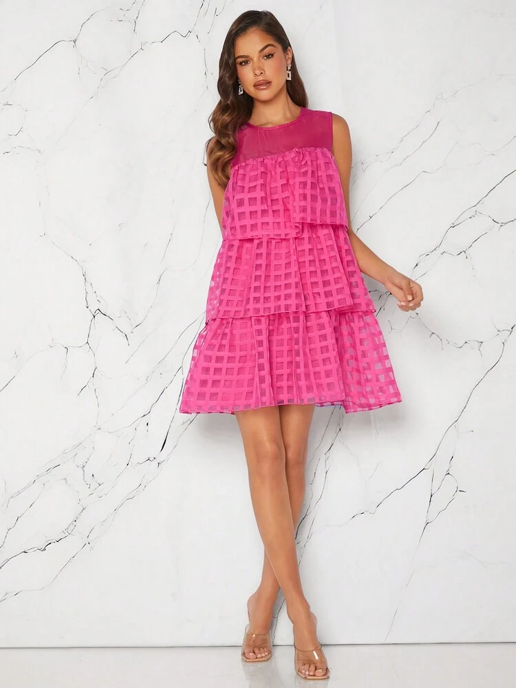 Grid Pattern Layered Ruffle Sleeveless Dress