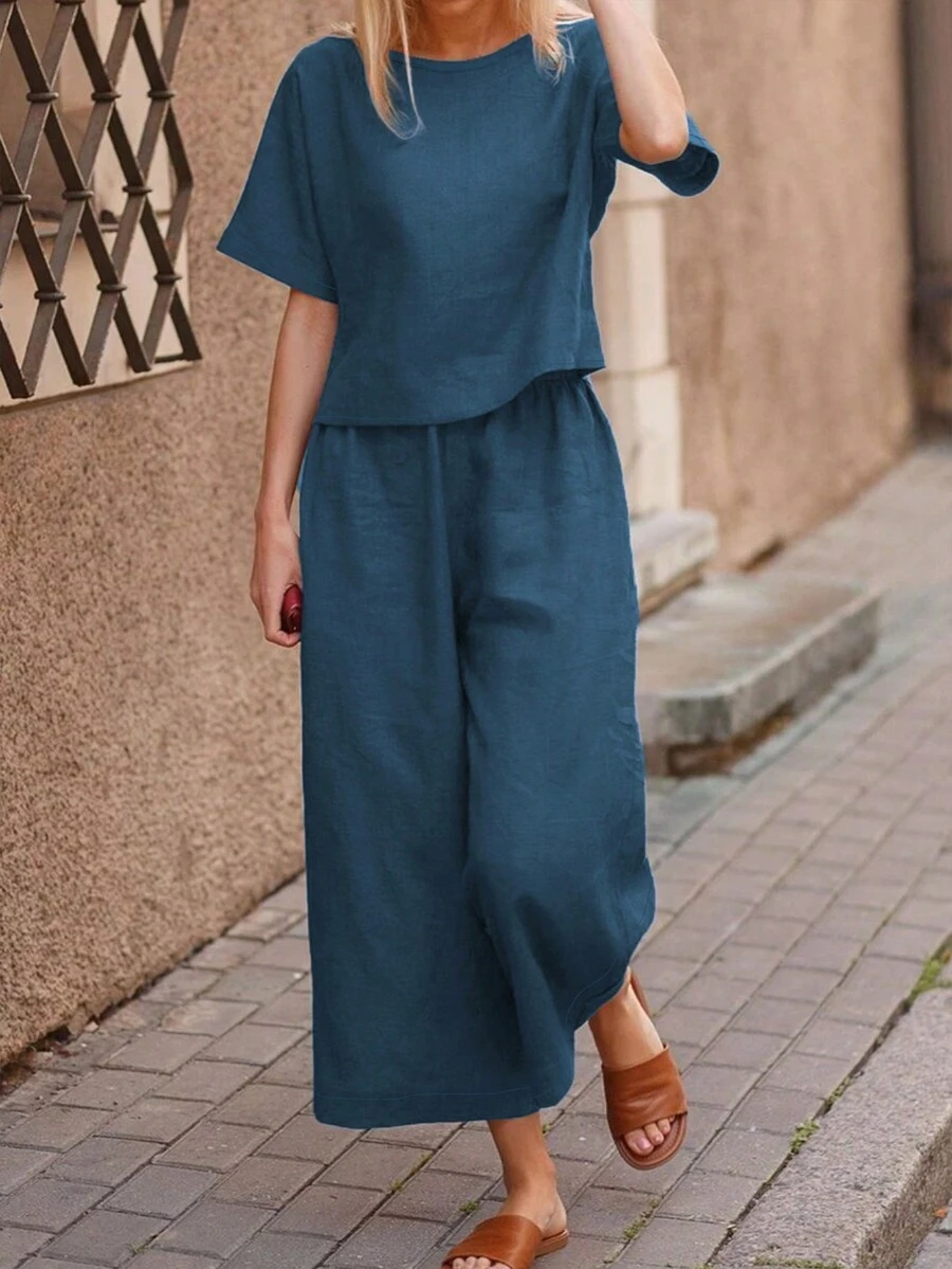 Women's Holiday Casual Solid Color Short Sleeve Shirt And Long Pants Set - Blue - View 1