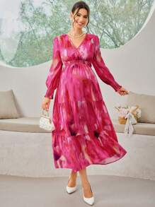 SHEIN Maternity Spring/Summer Elegant Tie-Dye Lantern Sleeve High Waist Dress