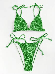 SHEIN Swim Ladies' Holiday Allover Print Halter Neck Bikini Set With T-Back Thong Bottom, Sexy Style,Summer Beach