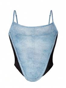 少女不对称拼布吊带背心 - 藍色 - 查看 7