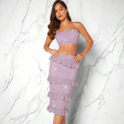 Sequin Tube Top & Ruffle Skirt Two Pieces Set