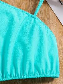 Conjunto formal de 2 piezas para niñas preadolescentes de primavera/verano, que incluye una parte superior de tirantes con dobladillo de volantes y pantalones cortos con adorno de lazo - Verde - Ver 5