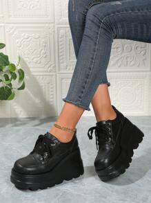 Women's New Breathable Mesh Lace-Up Wedge Sneakers With Thick Outsole, Outdoor Fashionable Casual Punk Shoes For Spring / Autumn 2024