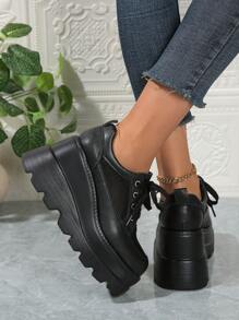 Women's New Breathable Mesh Lace-Up Wedge Sneakers With Thick Outsole, Outdoor Fashionable Casual Punk Shoes For Spring / Autumn 2024