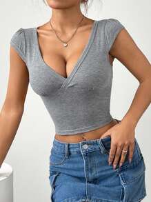 SHEIN EZwear 女士夏季純色重疊V領修身背心T恤 - 灰色 - 查看 3