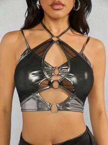 Hauture Ring Linked Cut Out Mesh Metallic Top