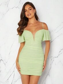 SHEIN Unity Faux Pearl Ruched Lace Up Back Dress - Green - View 4