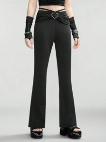 SHEIN Explorewe Quần ống loe họa tiết trái tim và đá Rhinestone dành cho bé gái tuổi teen - màu đen - Xem 5