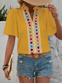 Breezaya Lace Patchwork V-Neck Short Sleeve Women's Blouse