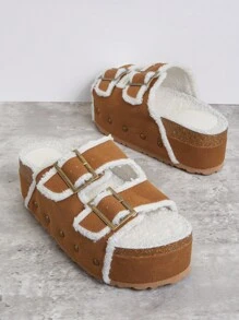 SHUZIA 女性平台楔形鞋，帶有毛皮和鉚釘，適合日常穿著 - 棕色 - 查看 2