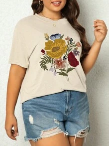 SHEIN LUNE Plus Floral Print Drop Shoulder Tee - Beige - View 3
