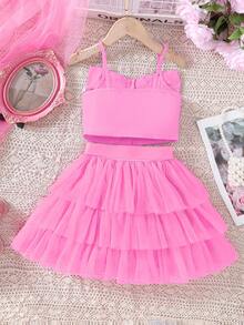 Conjunto de 2 piezas para niña joven con bonita blusa de tirantes y falda de tul decorada con lazo para el verano - Rosa - Ver 2