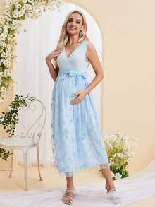 DEARCASE Vestido sem mangas elegante com estampa de flores para gestantes, ideal para o verão e maternidade - Baby Azul - Ver 5